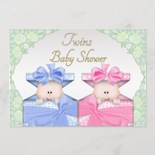 Twins in Gift Box Roses Baby Shower Invitation