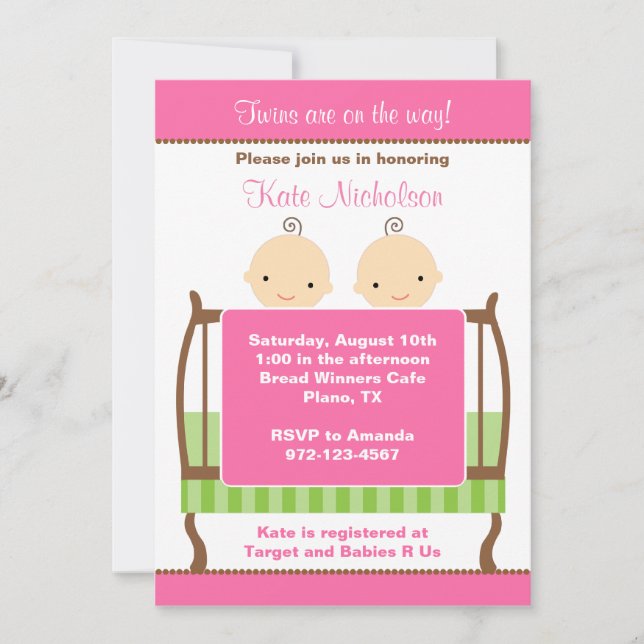 Twins in Pink Crib Invitations (Front)