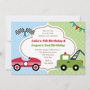 Twins Invitations Boy Birthday Race Car Tow Truck