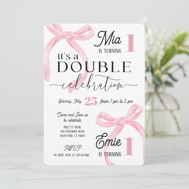 Twins Join Birthday Pink Coquette Invitation (Standing Front)
