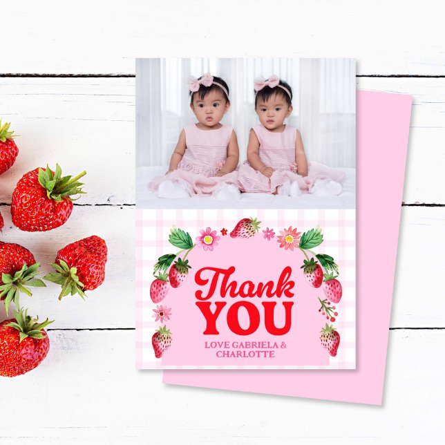Twins Joint Berry First Birthday Strawberry Photo Thank You Card (Twins Joint Berry First Birthday Strawberry Photo Thank You Card)