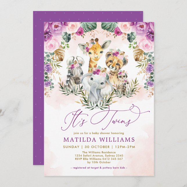 Twins Jungle Safari Animals Boho Girl Baby Shower Invitation (Front/Back)