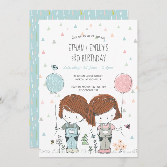 Twins Kids Birthday Invitation whimsical (Front/Back)