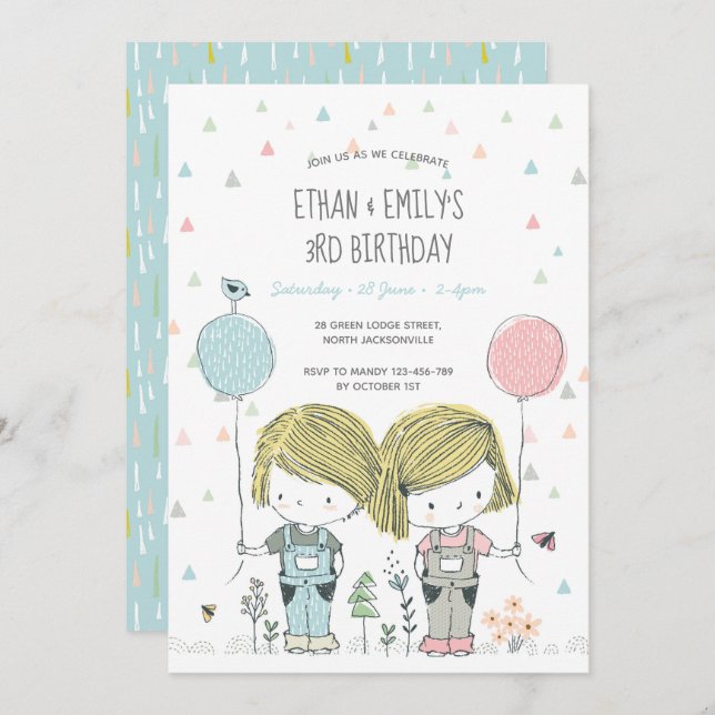 Twins Kids Birthday Invitation whimsical (Front/Back)