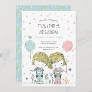 Twins Kids Birthday Invitation whimsical