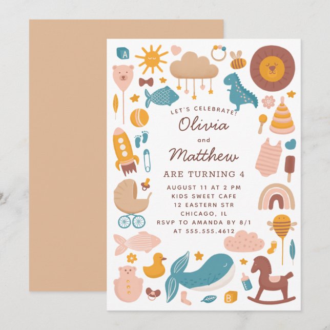 Twins kids birthday party. Baby animals toys (Front/Back)