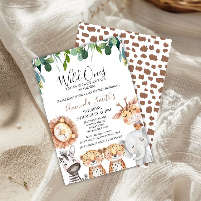 Twins Leopards Wild Ones Safari Baby Shower Invitation (Twins Safari Baby Shower Invitation, Twin Boys Safari Baby Shower Invitation, Wild One On The Way)