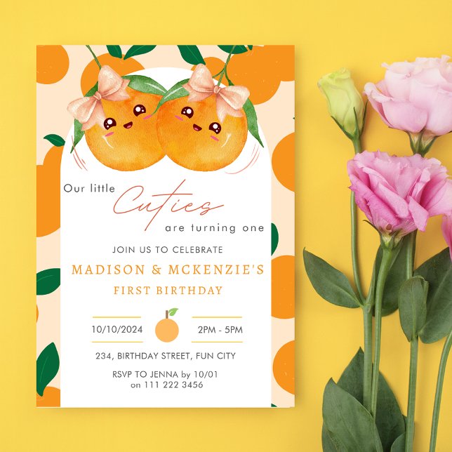 Twins Little Cuties Orange 1st First Birthday Invitation (Twins Little Cuties Orange 1st Birthday Invitation)