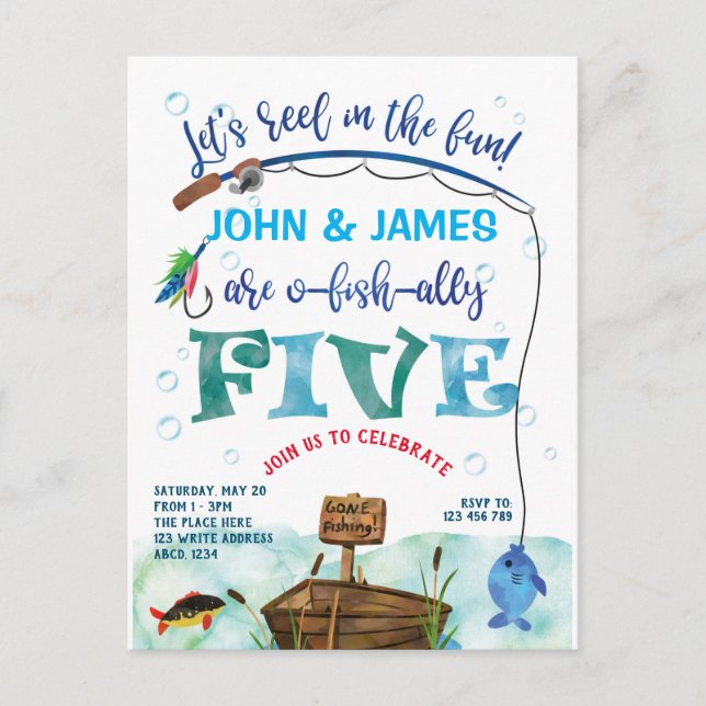 Twins little fisherman themed 5th o-fish-ally  invitation postcard (Front)