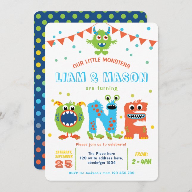 Twins little monsters 1st birthday party boy first invitation (Front/Back)