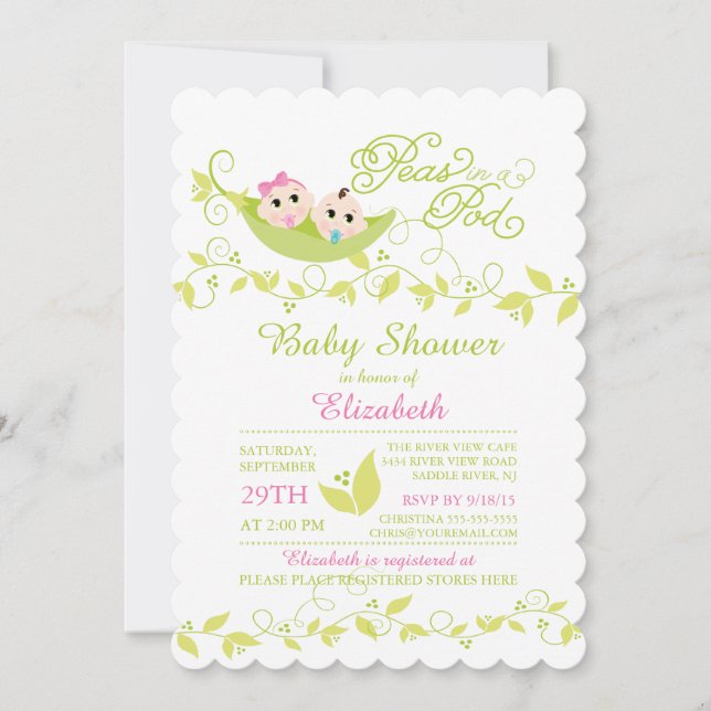 Twins Little Peas Girl Boy Baby Shower Invitation (Front)