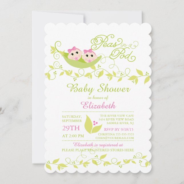 Twins Little Peas Girls Baby Shower Invitation (Front)