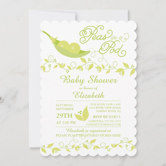 Twins Little Peas Neutral Baby Shower Invitation (Front)