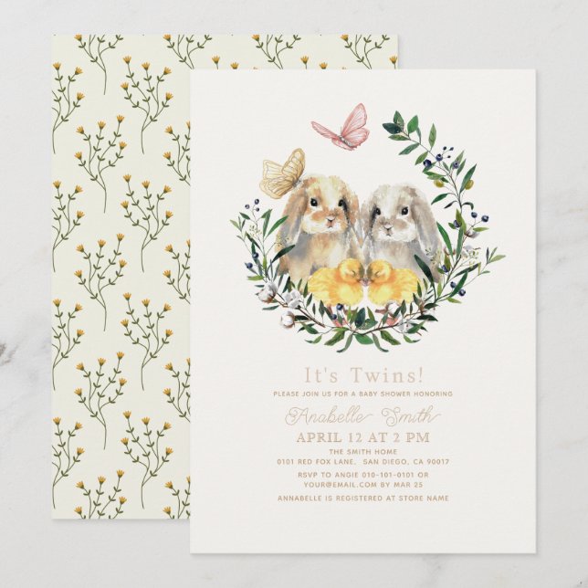 Twins Lop Rabbit Bunny Chick Butterfly Baby Shower Invitation (Front/Back)