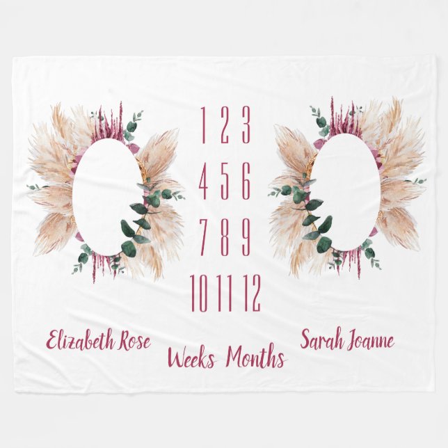 Twins Milestone Baby Blanket Pampas  & Eucalyptus (Front (Horizontal))