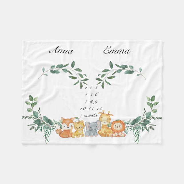 Twins Milestone Gender Neutral Baby Animals Baby B Fleece Blanket (Front (Horizontal))