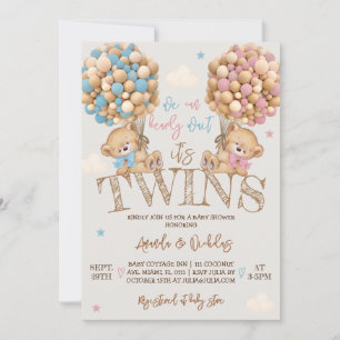 Twins Minimal Boho Bear Balloons Baby Shower Invitation