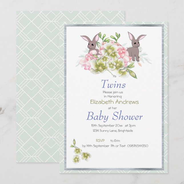 Twins Mint Floral Bunny Baby Shower Invitation (Front/Back)
