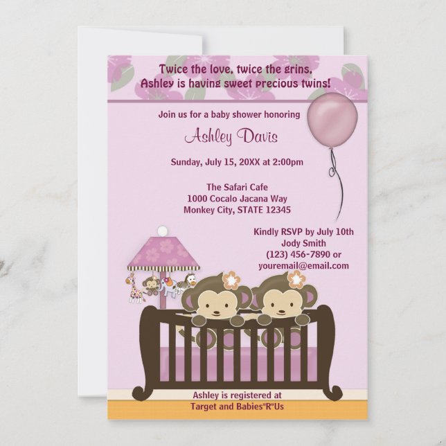 TWINS Monkey Baby Shower Invitation Crib ORCHID (Front)