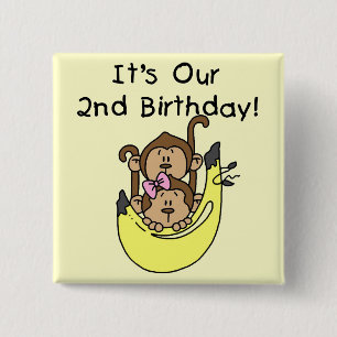 Twins Monkey Boy and Girl 2nd Birthday 15 Cm Square Badge