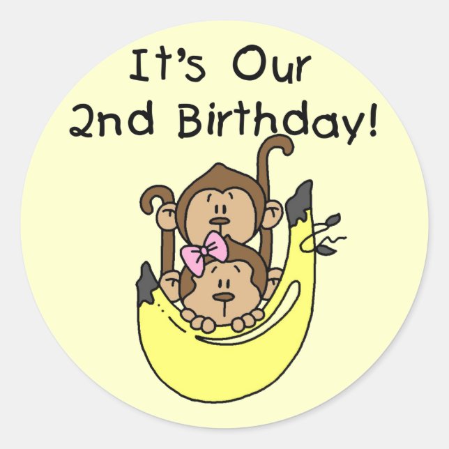 Twins Monkey Boy and Girl 2nd Birthday Classic Round Sticker (Front)