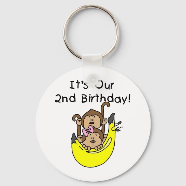 Twins Monkey Boy and Girl 2nd Birthday Key Ring (Front)