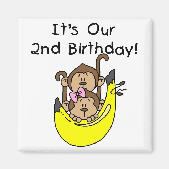 Twins Monkey Boy and Girl 2nd Birthday Magnet (Front)