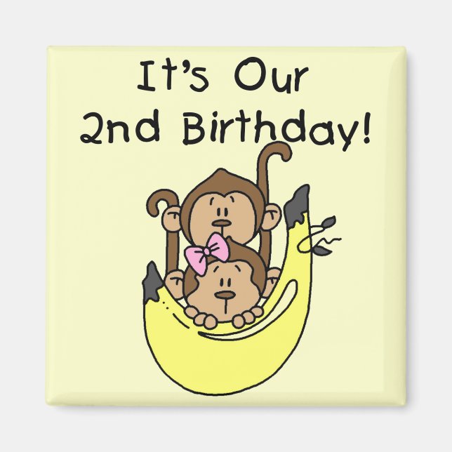 Twins Monkey Boy and Girl 2nd Birthday Magnet (Front)