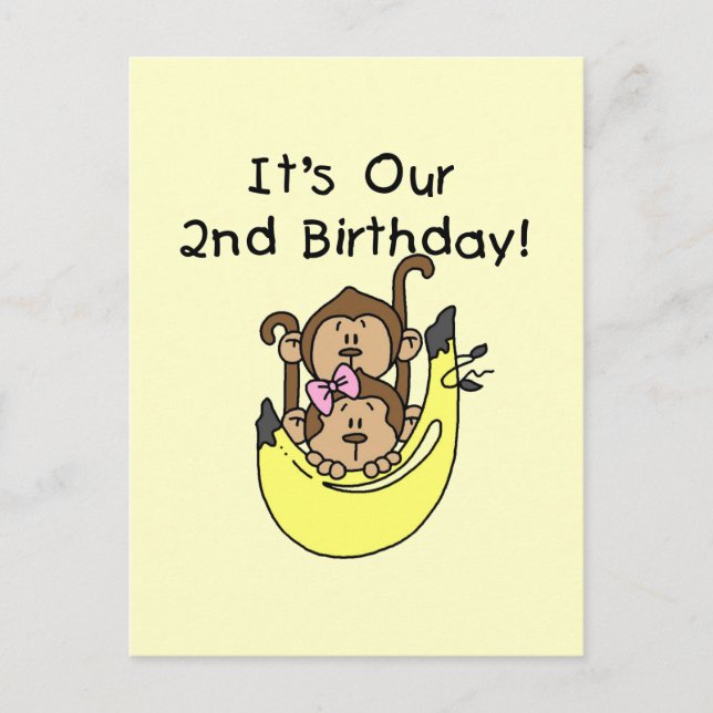 Twins Monkey Boy and Girl 2nd Birthday Postcard (Front)