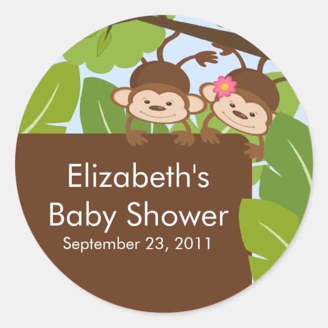Twins Monkey Jungle Safari Baby Shower Sticker (Front)