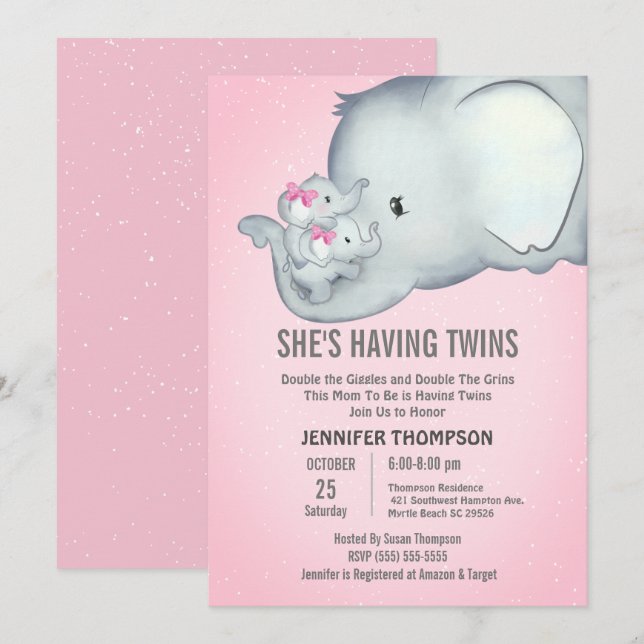 Twins Mummy  Girls Pink Elephant Invitation (Front/Back)