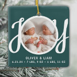 Twins Names Birth Stats Photo Green Keepsake Ceramic Ornament<br><div class="desc">This cute Twins Names Birth Stats Christmas Photo Ornament is decorated with the word JOY in stylish script typography on a green background.
Easily customisable with your photo,  names,  and baby's birth stats.</div>