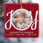 Twins Names Birth Stats Photo Red Keepsake Ceramic Ornament<br><div class="desc">This cute Twins Names Birth Stats Christmas Photo Ornament is decorated with the word JOY in stylish script typography on a red background.
Easily customisable with your photo,  names,  and baby's birth stats.</div>