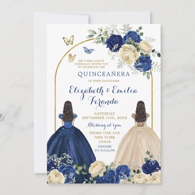 Twins Navy Blue Ivory Princesses Quinceañera Invitation (Front)