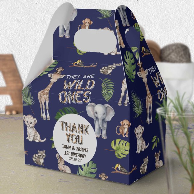 Twins Navy Blue Safari Jungle Themed 1st birthday Favour Box (Twins Navy Blue Baby Boys Wild One themed birthday favor box.)
