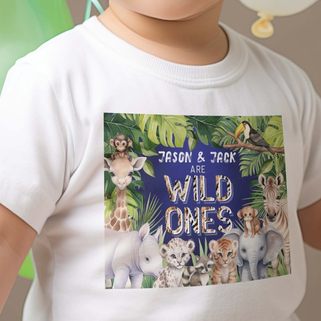 Twins Navy Blue, Wild One Safari, Jungle Boy 1st  Baby T-Shirt (Navy Blue Twins Wild Ones safari Themed Baby boys 1st birthday t-shirt)