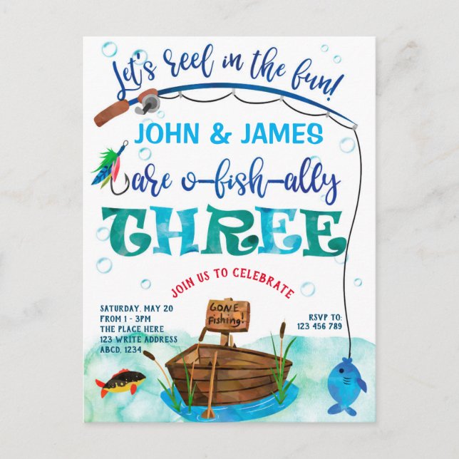 Twins O-fish-ally fishing themed 3rd birthday Invitation Postcard (Front)