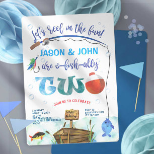 Twins O-fish-ally Little Fisherman 2nd birthday Invitation