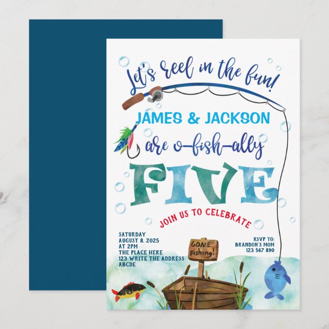 Twins O-fish-ally Little Fisherman 5th birthday Invitation (Front/Back)