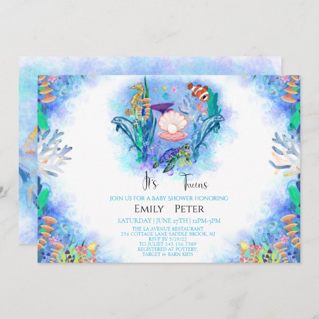 Twins Ocean Sea Animals Baby Shower  Invitation (Front/Back)