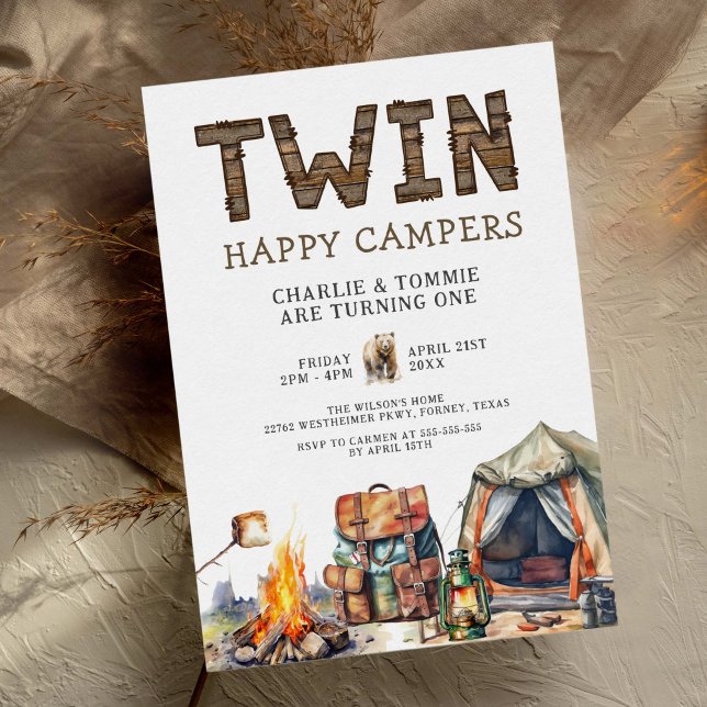 Twins One Happy Camper Rustic 1st Birthday Invitation (Creator Uploaded)