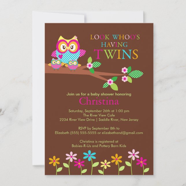 Twins Owl Baby Shower Invitations (Front)