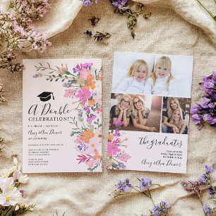 Twins pastel wild flowers spring double graduation invitation