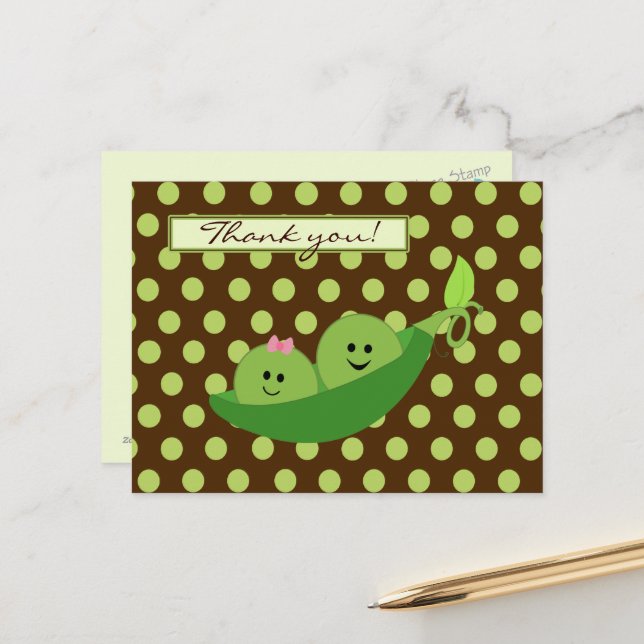 Twins Peas in a Pod Baby Shower Thank You Postcard (Front/Back In Situ)