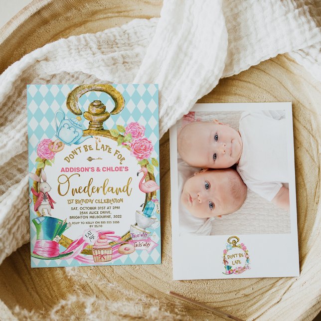 Twins Photo Watch Alice In Onederland Birthday Invitation (Twins large watch mad hatter hat Alice in onederland birthday invitation with a photo on the back.)