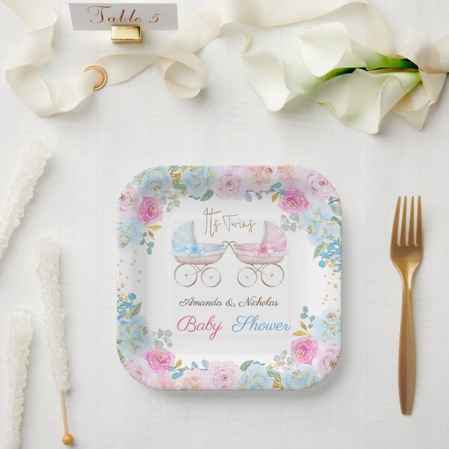 Twins Pink and Blue Baby Shower Decor Paper Plate (Wedding)
