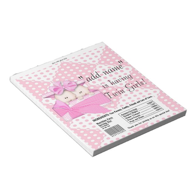 Twins Pink Baby Shower Candy Bar Wrappers Favors Notepad (Angled)