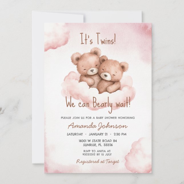 Twins Pink Bear Baby Shower Invitation (Front)