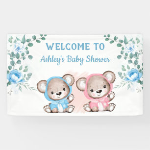 Twins Pink Blue Bear Floral Custom Baby Shower Banner