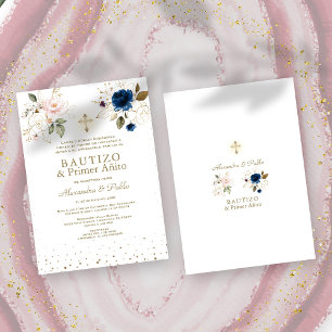 Twins Pink Blue Flowers Primer Añito Bautizo Invitation
